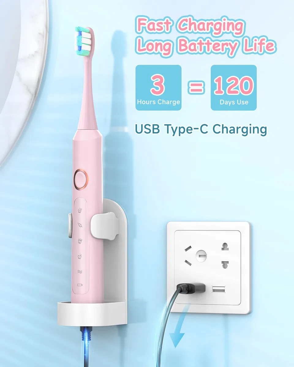 Cepillos de Dientes Electricos Sónico Infantil con 8 Cabezal - Cepillo Electrico Adultos Infantil con 5 Modos, Estuche, IPX7, Cepillos de Dientes Eléctricos Ultrasónicos, Pétalo Rosa