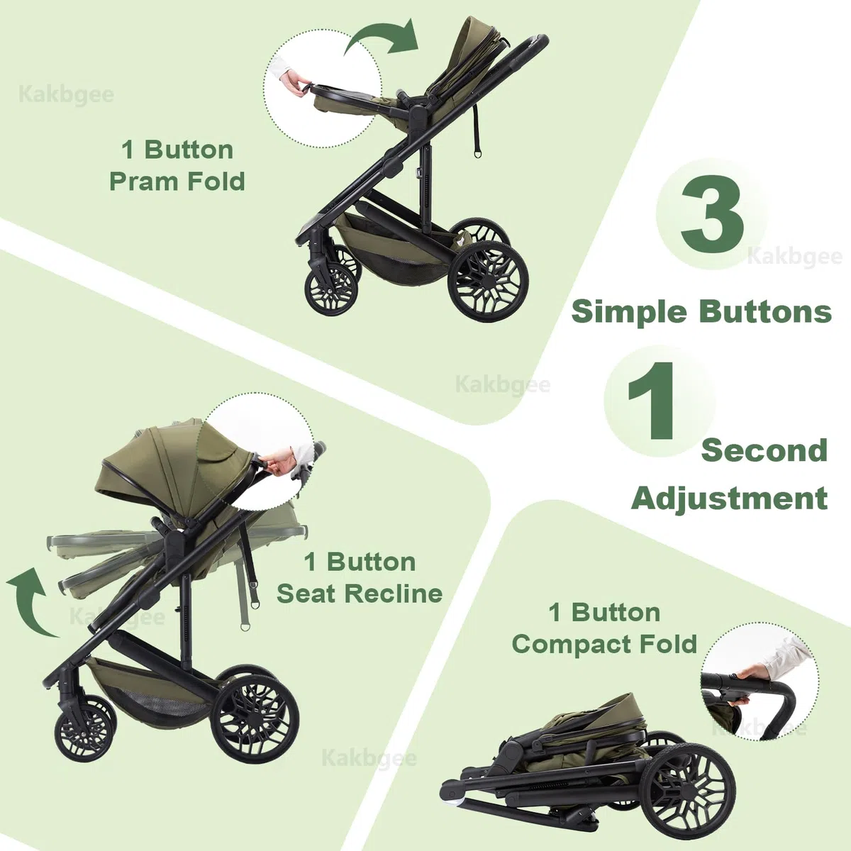 3 En 1 Carrito Y Asiento,Cochecito Un Solo Clic Reclinable/Plegable