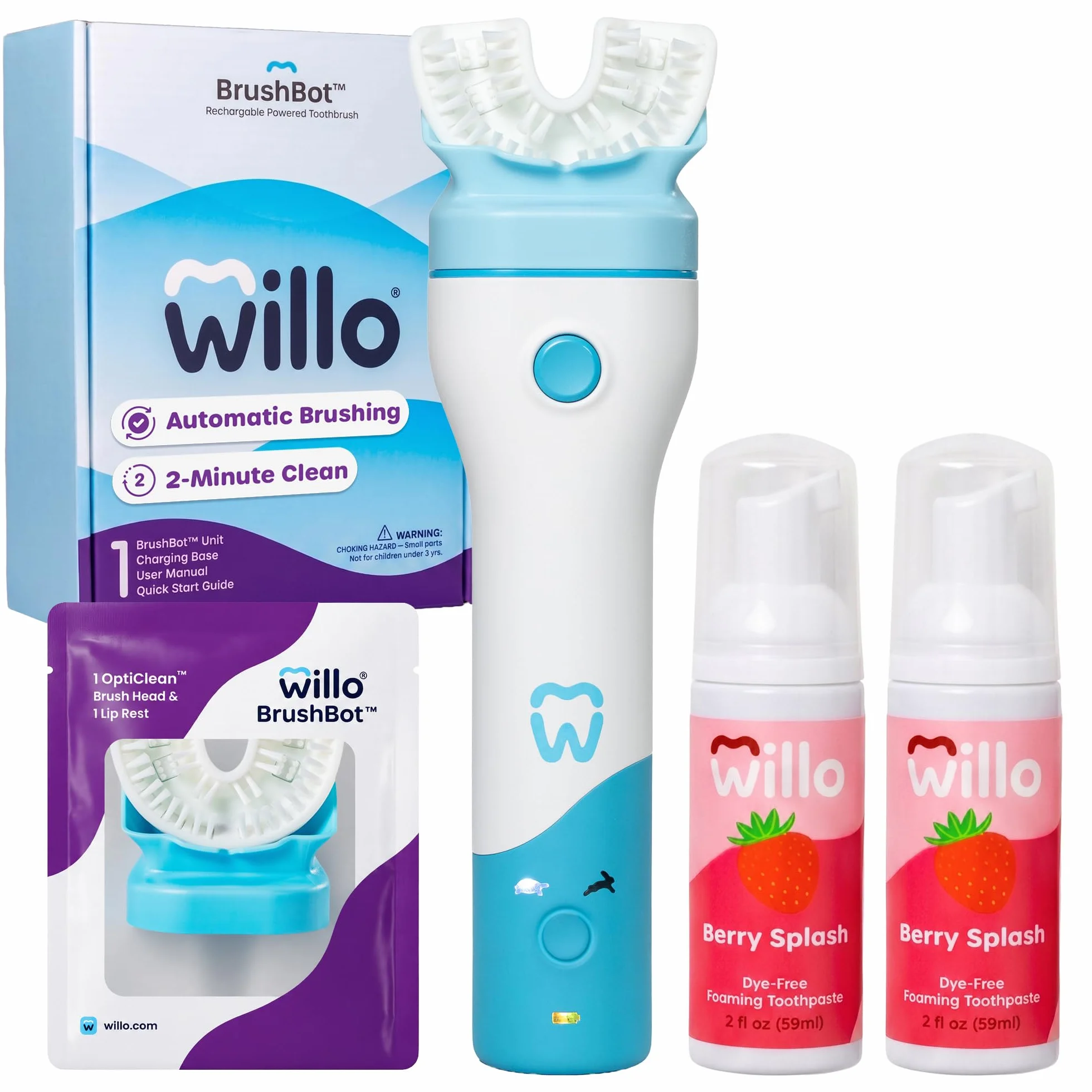 Willo BrushBot Kids Kit de inicio de cepillo de dientes en forma de U, cepillo de dientes automático para niños, temporizador de 2 minutos, conectividad de aplicaciones, cerdas suaves, recargable