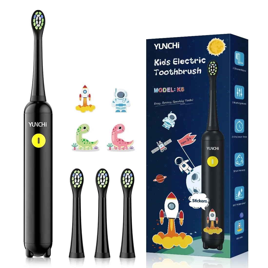 Cepillo Electrico Infantil para 3-5-6-12 años, Recargable Cepillo Electrico Niño Temporizador de 2 Min, 3 Modos, Cepillo Dientes Infantil con 4 Cabezal de Recambio y Divertidas Pegatinas DIY (Negro)