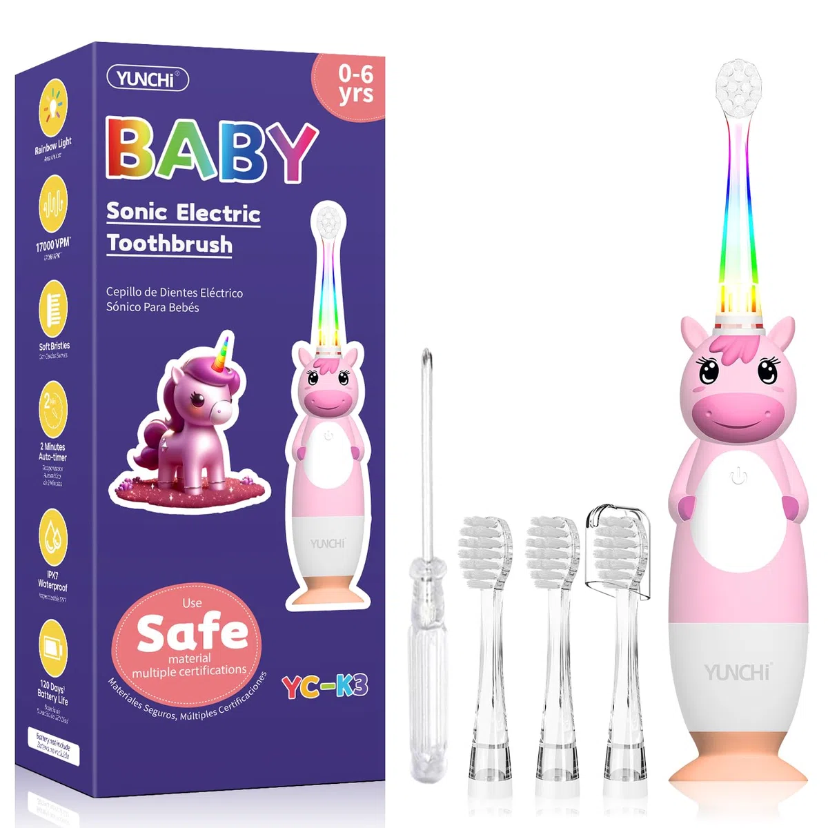 YUNCHI K3 Cepillo de dientes eléctrico para niños a partir de 0 – 6 años, con luz LED colorida, temporizador inteligente, cepillo de dientes eléctrico, cepillo de dientes sónico, con 4 cabezales