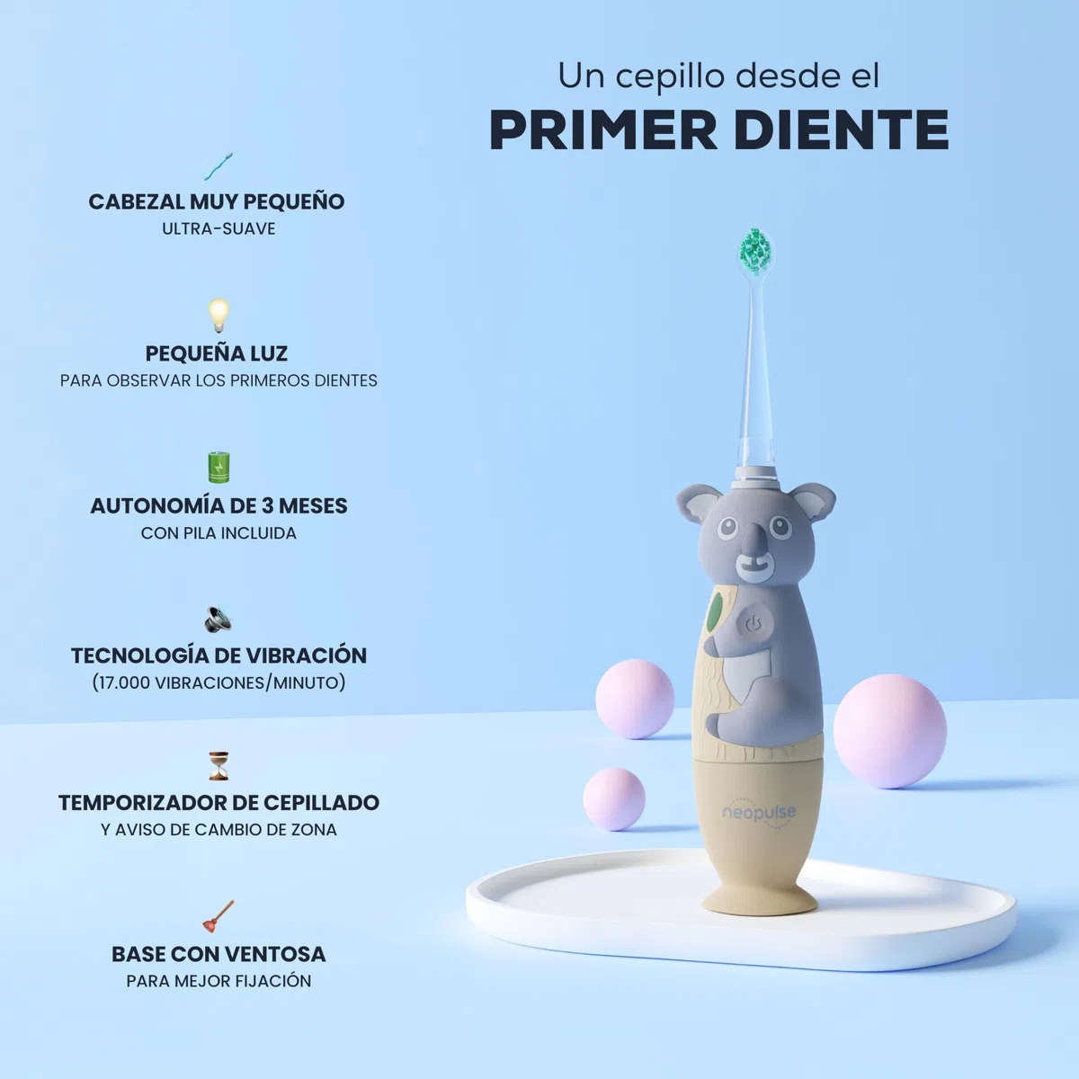 NEOPULSE NEOBABY - Cepillo de dientes eléctrico de vibración o manual para bebé desde el primer diente + cabezal de cepillo ultra suave - inspirado en tecnología sónica - cabeza luminosa -