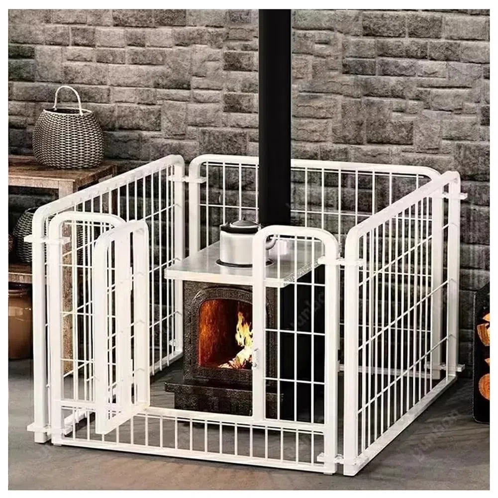 Protector de chimenea de metal de 4 paneles con puerta, puerta segura para mascotas para árbol de Navidad y hogar, barrera de seguridad para perros y gatos (blanco, 80 x 80 x 80 cm), duradero y