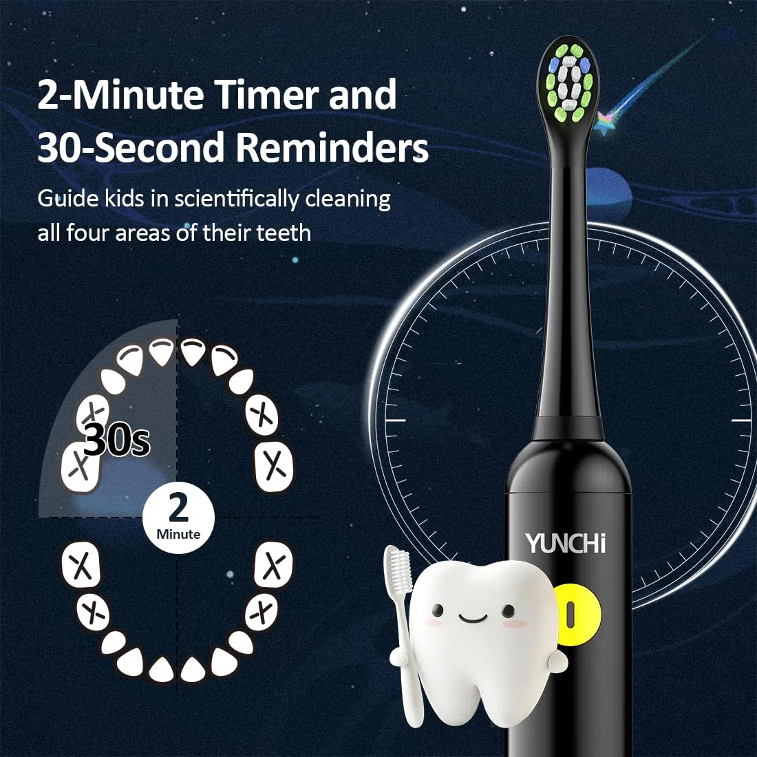 Cepillo Electrico Infantil para 3-5-6-12 años, Recargable Cepillo Electrico Niño Temporizador de 2 Min, 3 Modos, Cepillo Dientes Infantil con 4 Cabezal de Recambio y Divertidas Pegatinas DIY (Negro)