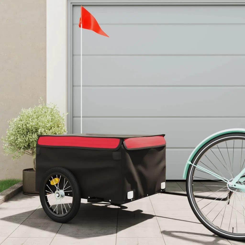 Remolque de bicicleta negro y rojo de hierro resistente con capacidad de carga de 45 kg, 124 x 62,5 x 52 cm, remolque de transporte con bandera de seguridad, ideal para equipaje, compras