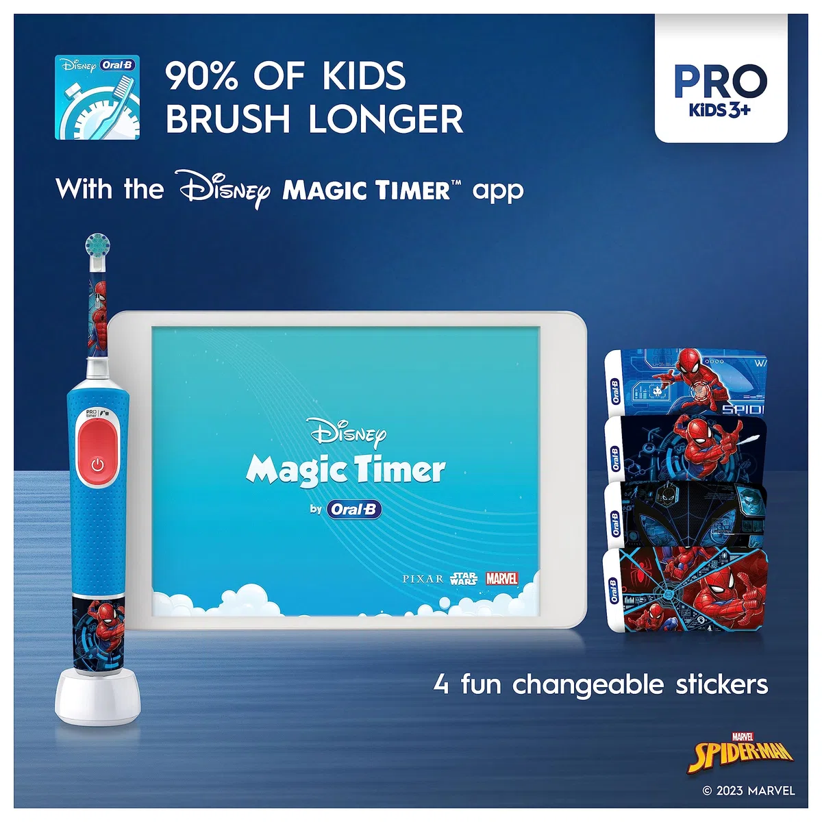 Oral-B Pro Kids - Cepillo de dientes eléctrico para niños, 1 cabezal de cepillo de dientes, 4 calcomanías de Spiderman, 2 modos con modo sensible apto para niños, para mayores de 3