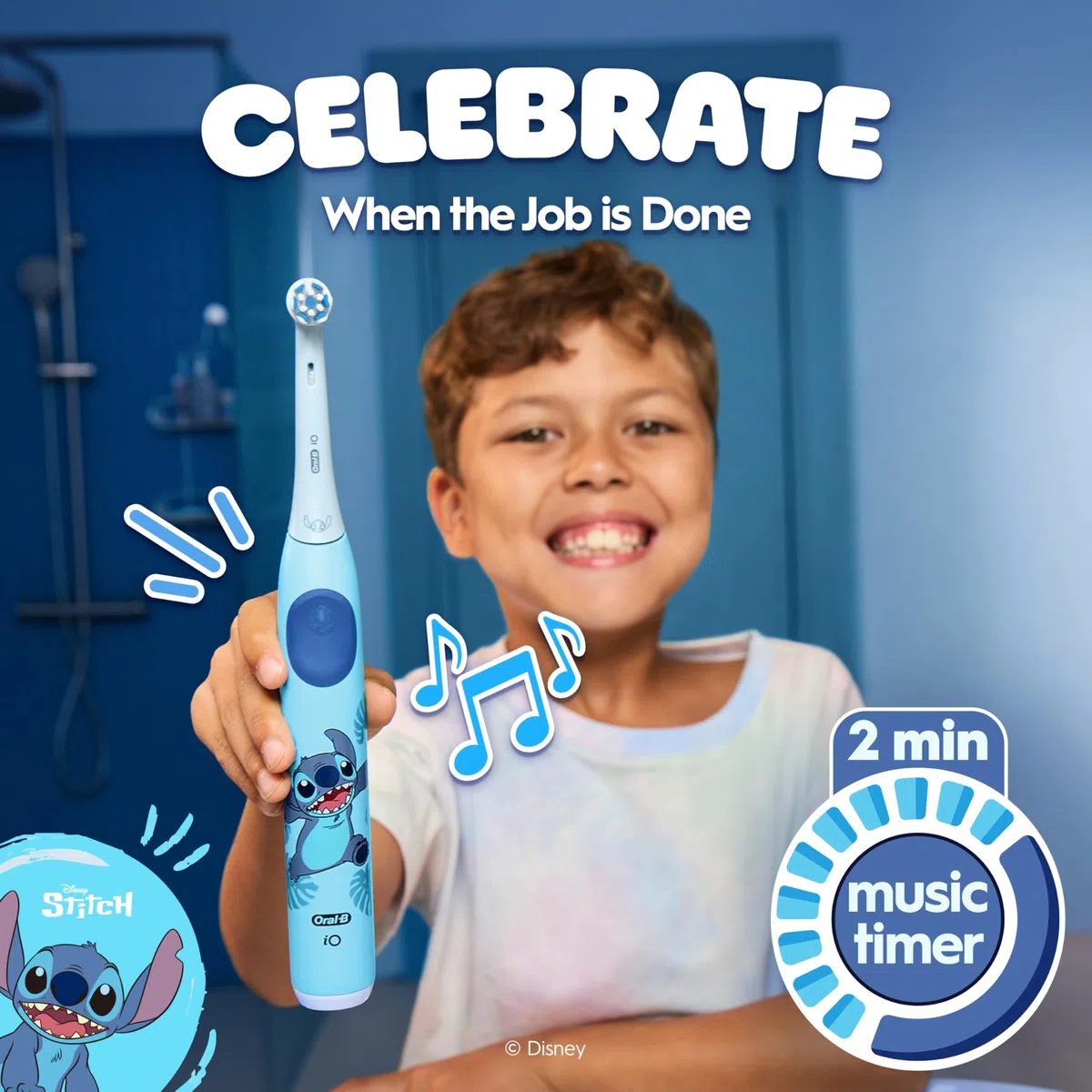 Oral-B iO Kids - Cepillo de dientes eléctrico recargable, Stitch con 1 cabezal de cepillo de cuidado suave, sensor de presión automático para proteger las encías, 3 modos de limpieza, temporizador de