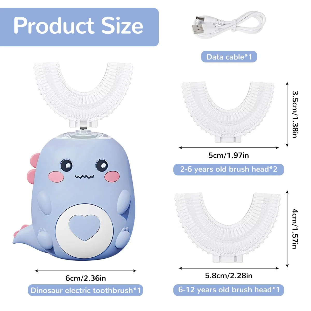 Cepillo De Dientes Electrico Infantil 360º Para Niños, Con 2 Cabezales De Cepillo De Silicona En Forma De U, Cepillo Electrico Infantil Con Luz Led Y Aspecto De Dinosaurio (Azul)