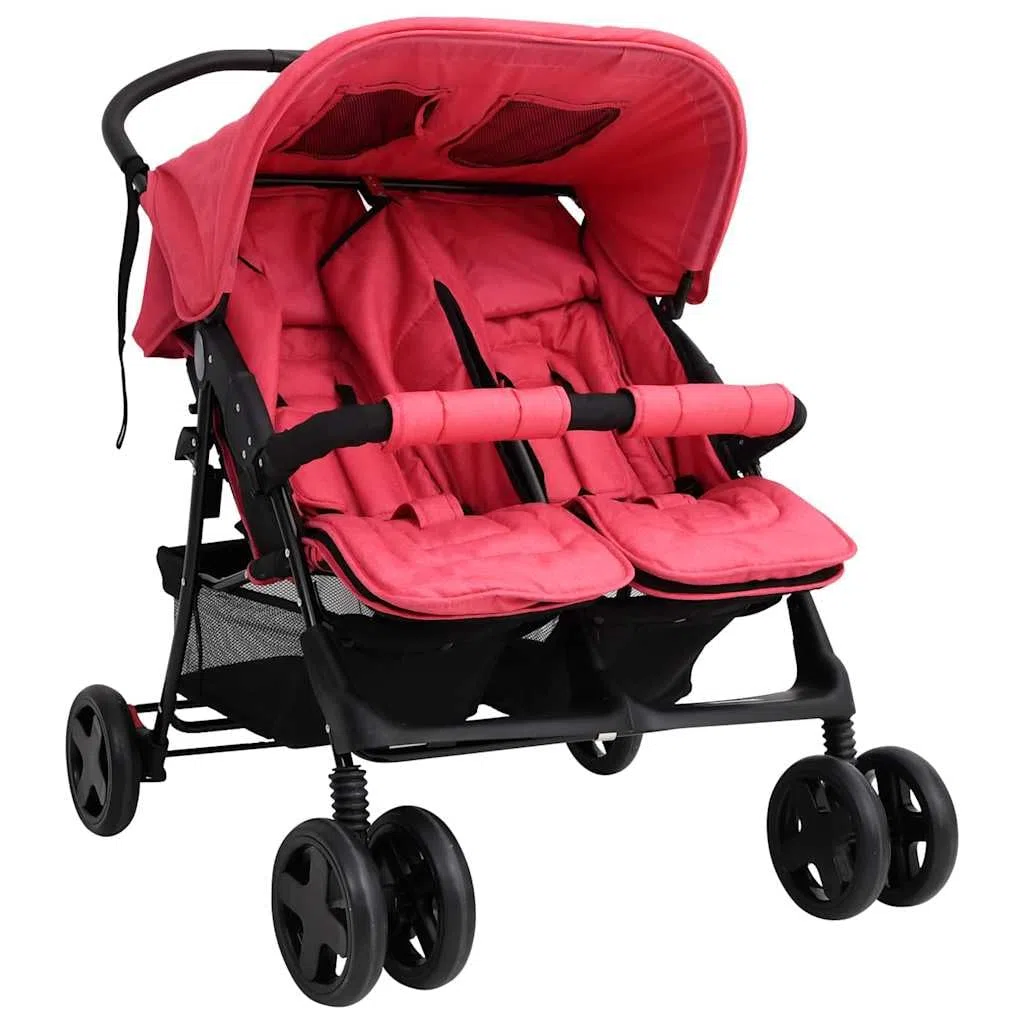 Cochecito para gemelos, plegable, de acero, color rojo