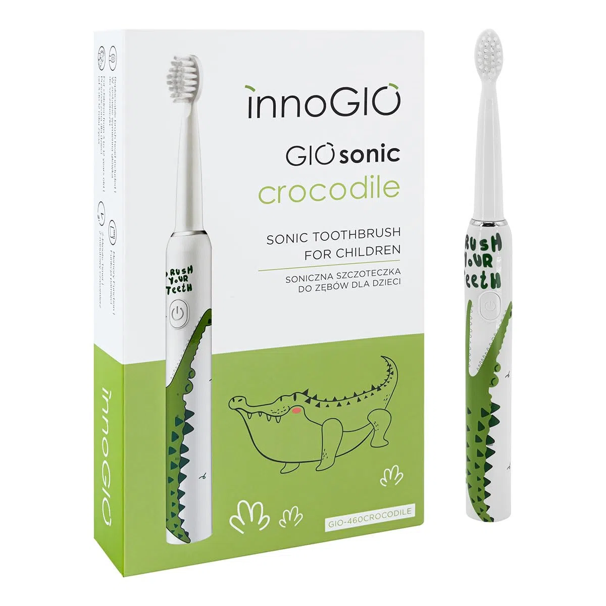 innoGIO Cepillo de Dientes Eléctrico Infantil GIOsonic Crocodile - Recargable USB Inlcuido, Mango Silicona, 3 Modos, Temporizador 2 min, Apto Niños entre 3 y 12 años, Verde (4 Cabezales Incluidos)