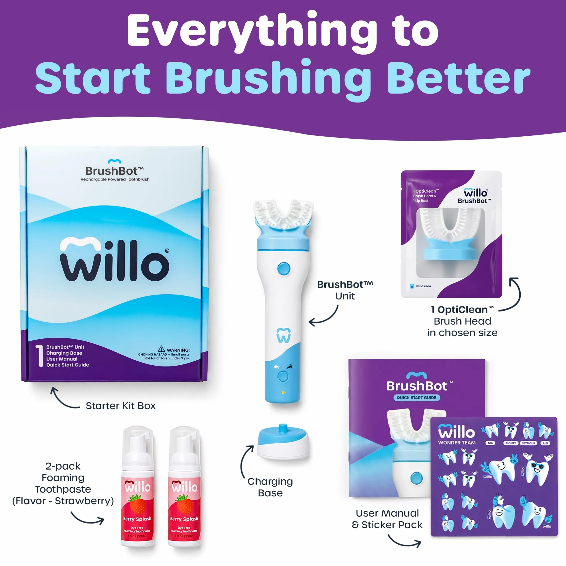 Willo BrushBot Kids Kit de inicio de cepillo de dientes en forma de U, cepillo de dientes automático para niños, temporizador de 2 minutos, conectividad de aplicaciones, cerdas suaves, recargable