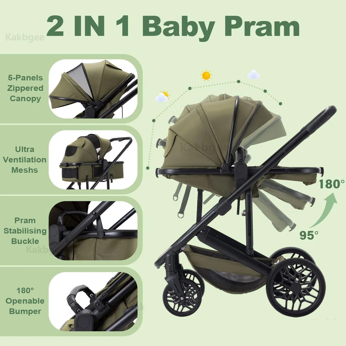 3 En 1 Carrito Y Asiento,Cochecito Un Solo Clic Reclinable/Plegable