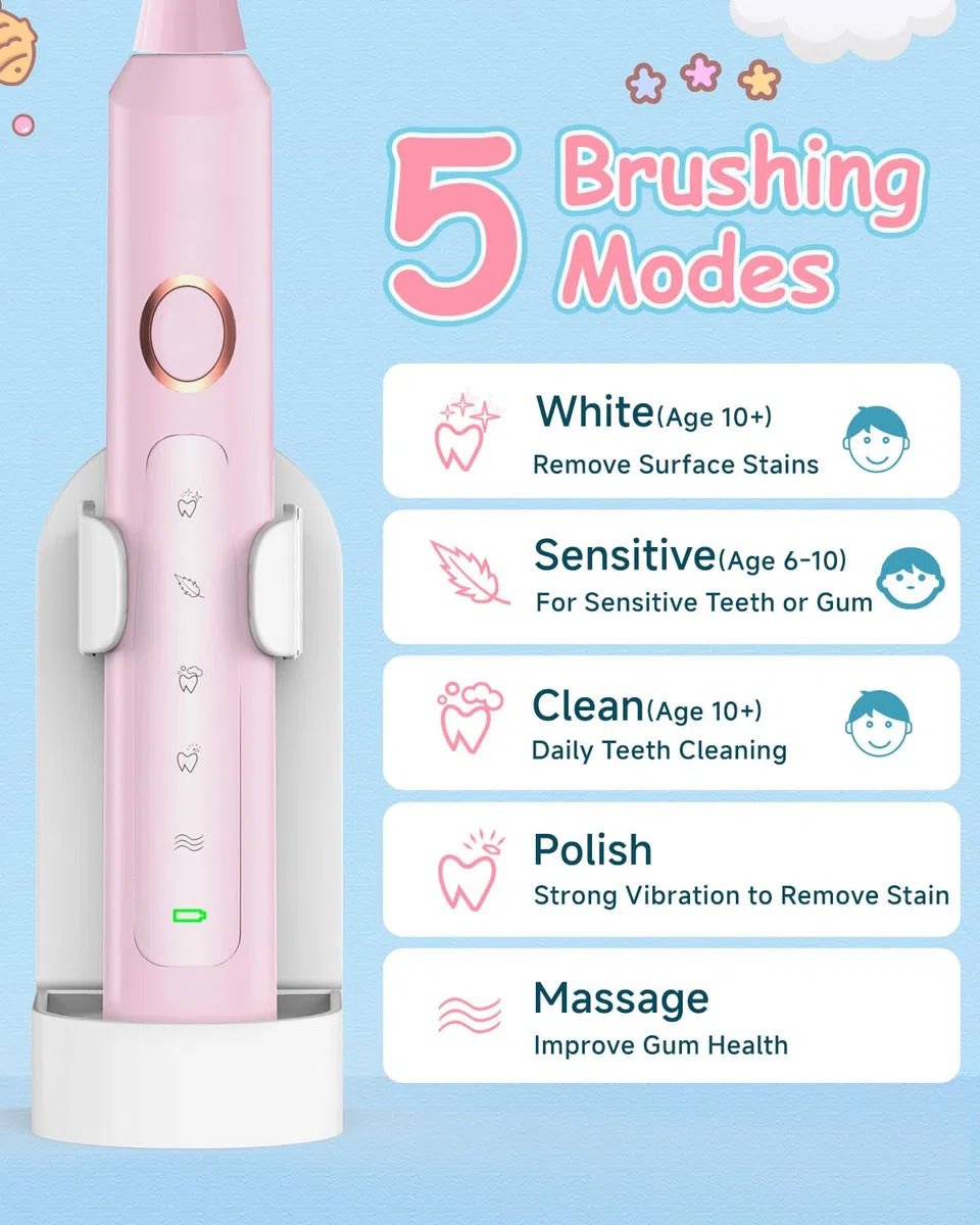 Cepillos de Dientes Electricos Sónico Infantil con 8 Cabezal - Cepillo Electrico Adultos Infantil con 5 Modos, Estuche, IPX7, Cepillos de Dientes Eléctricos Ultrasónicos, Pétalo Rosa