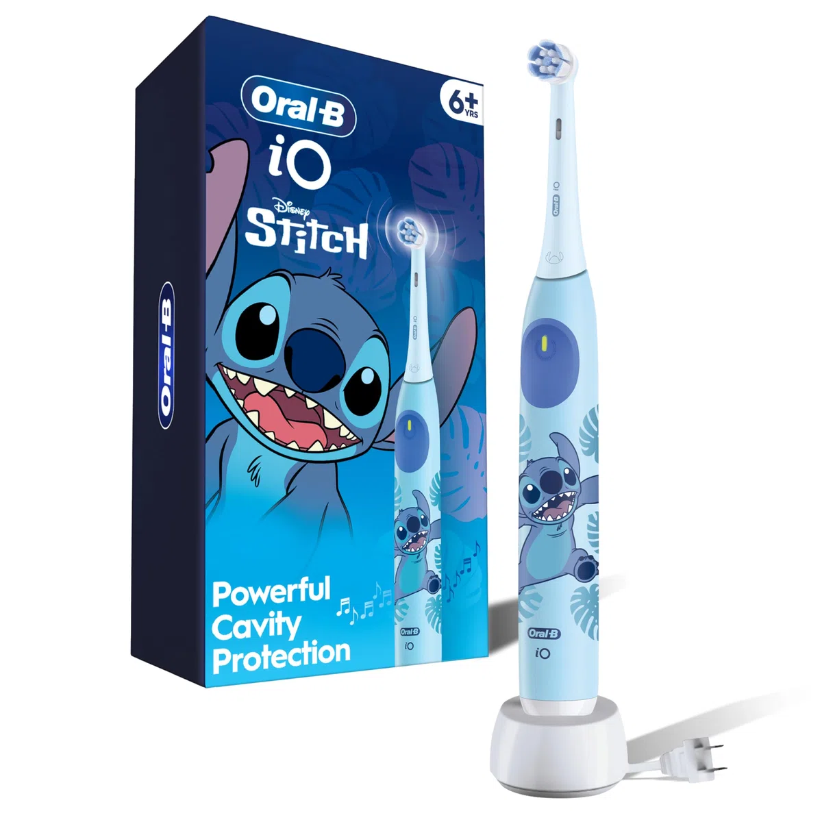 Oral-B iO Kids - Cepillo de dientes eléctrico recargable, Stitch con 1 cabezal de cepillo de cuidado suave, sensor de presión automático para proteger las encías, 3 modos de limpieza, temporizador de