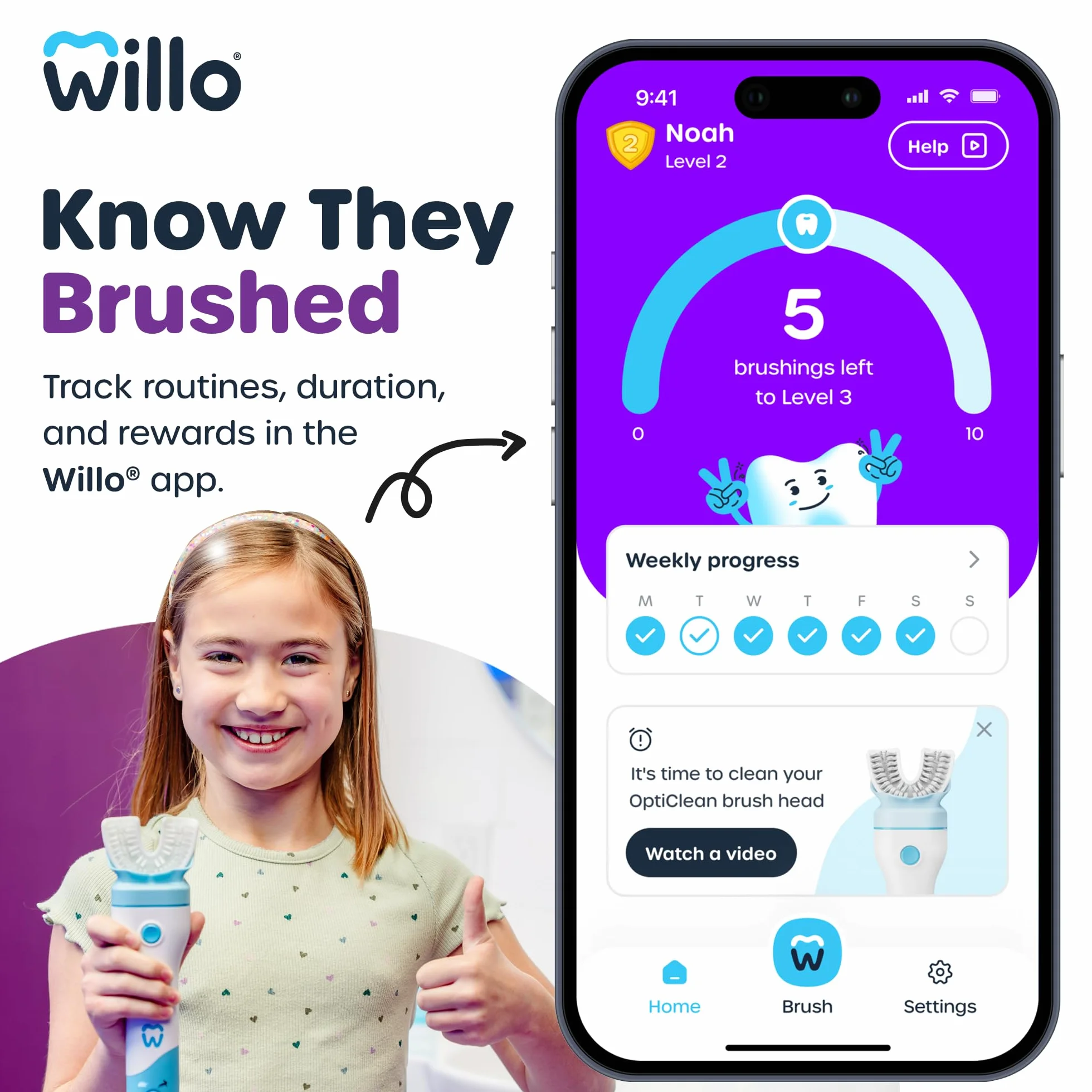 Willo BrushBot Kids Kit de inicio de cepillo de dientes en forma de U, cepillo de dientes automático para niños, temporizador de 2 minutos, conectividad de aplicaciones, cerdas suaves, recargable