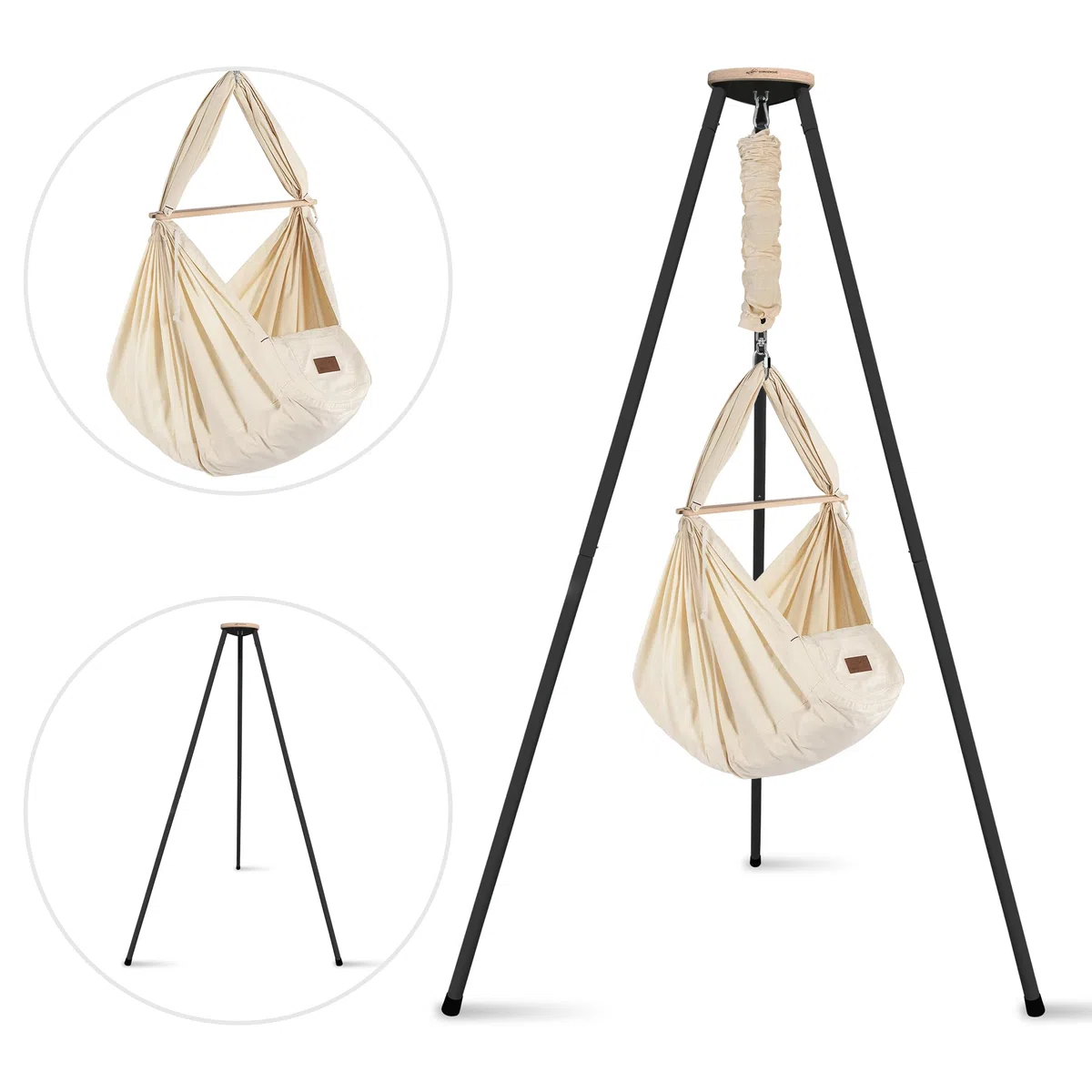SCHMUSEWOLKE Cuna de plumas – Set con estructura de tipi antracita – Hamaca para bebés y niños pequeños desde el nacimiento hasta los 3 años – algodón orgánico – con colchón de lana de oveja