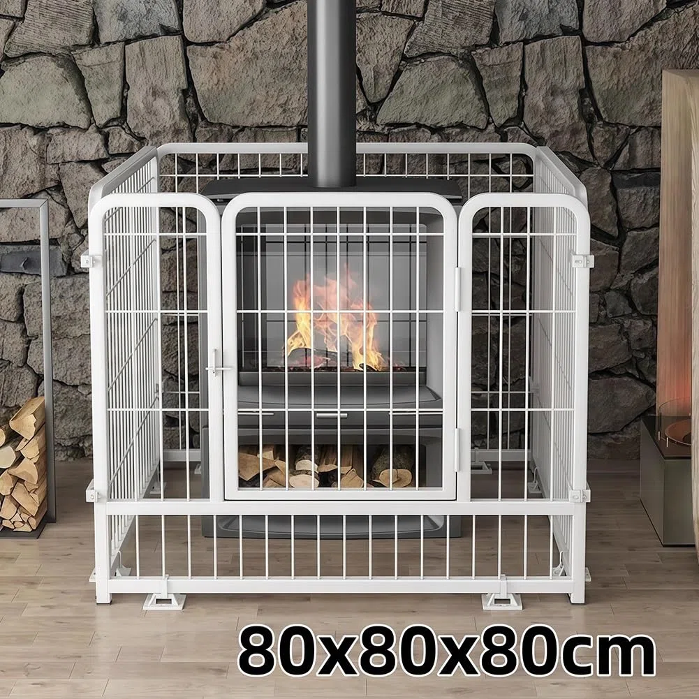 Protector de chimenea de metal de 4 paneles con puerta, puerta segura para mascotas para árbol de Navidad y hogar, barrera de seguridad para perros y gatos (blanco, 80 x 80 x 80 cm), duradero y