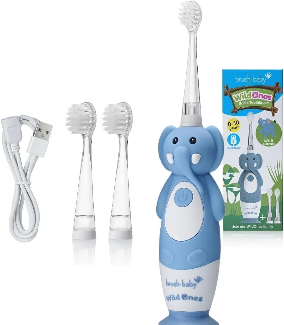 Brush-Baby WildOnes Cepillo de dientes eléctrico recargable para niños, elefante, 1 mango, 3 cabezales, cable de carga USB, para edades 0-10 (elefante)