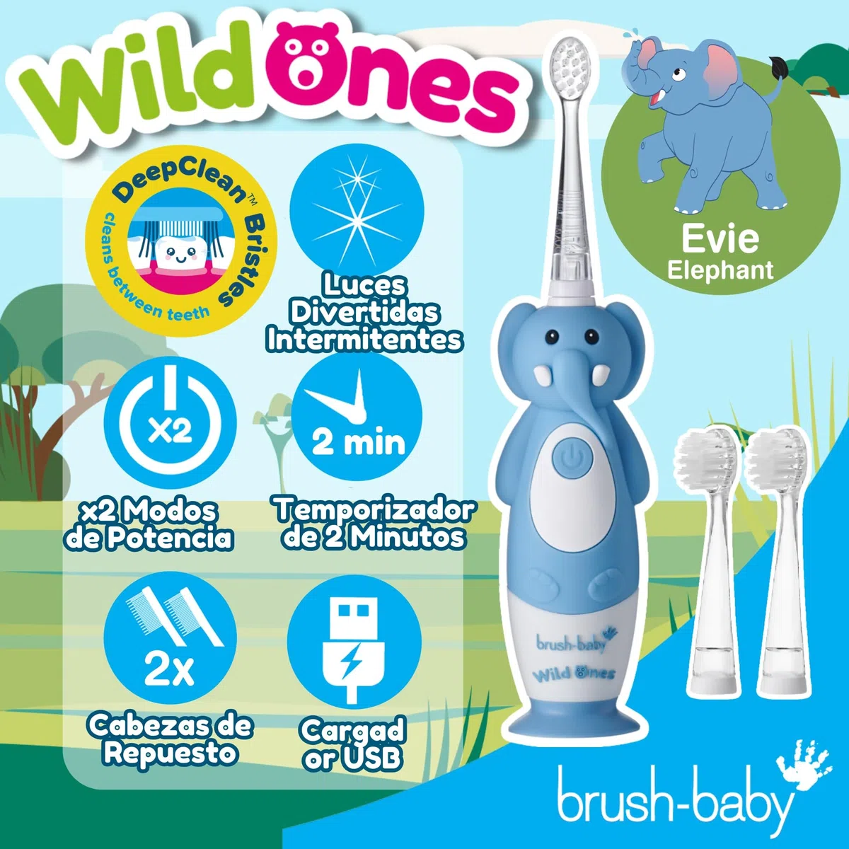Brush-Baby WildOnes Cepillo de dientes eléctrico recargable para niños, elefante, 1 mango, 3 cabezales, cable de carga USB, para edades 0-10 (elefante)
