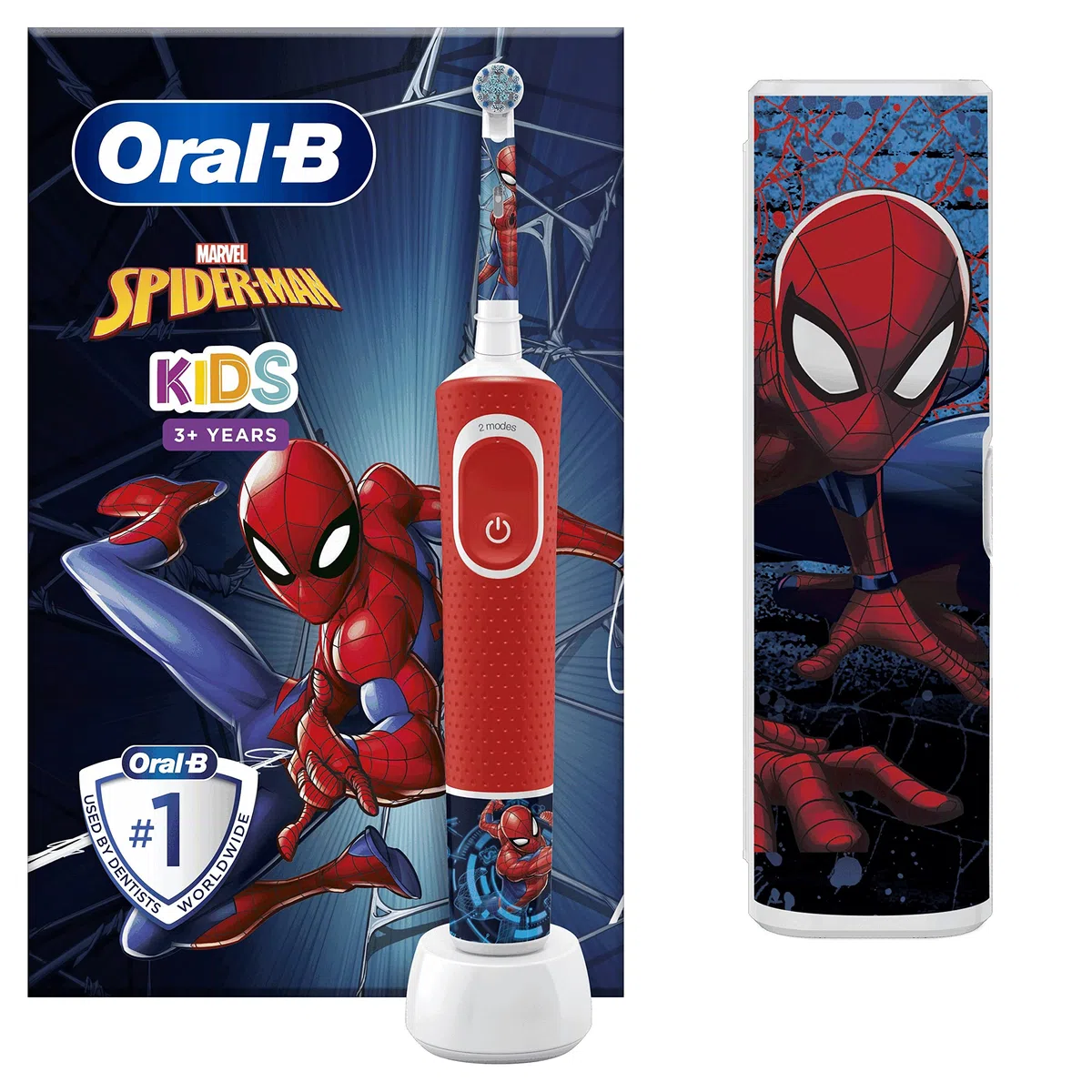 Oral-B Vitality Kids Cepillo de Dientes Eléctrico con Mango Recargable con Tecnología Braun, 1 Cabezal y Funda de Viaje con Motivos de Spyder-Man, Apto para Niños Mayores de 3 Años, Rojo