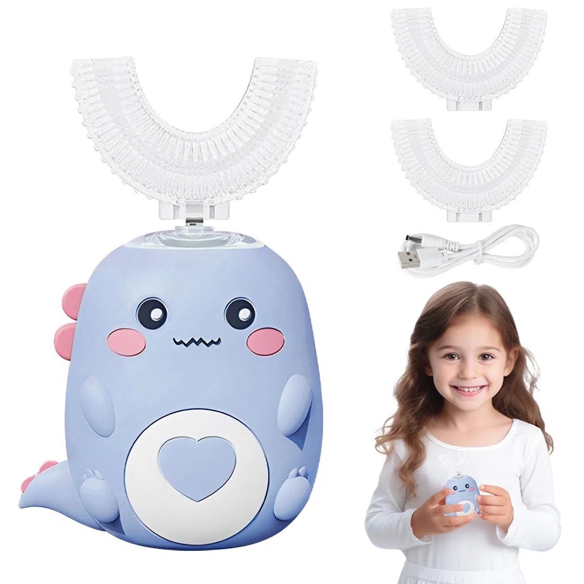 Cepillo De Dientes Electrico Infantil 360º Para Niños, Con 2 Cabezales De Cepillo De Silicona En Forma De U, Cepillo Electrico Infantil Con Luz Led Y Aspecto De Dinosaurio (Azul)