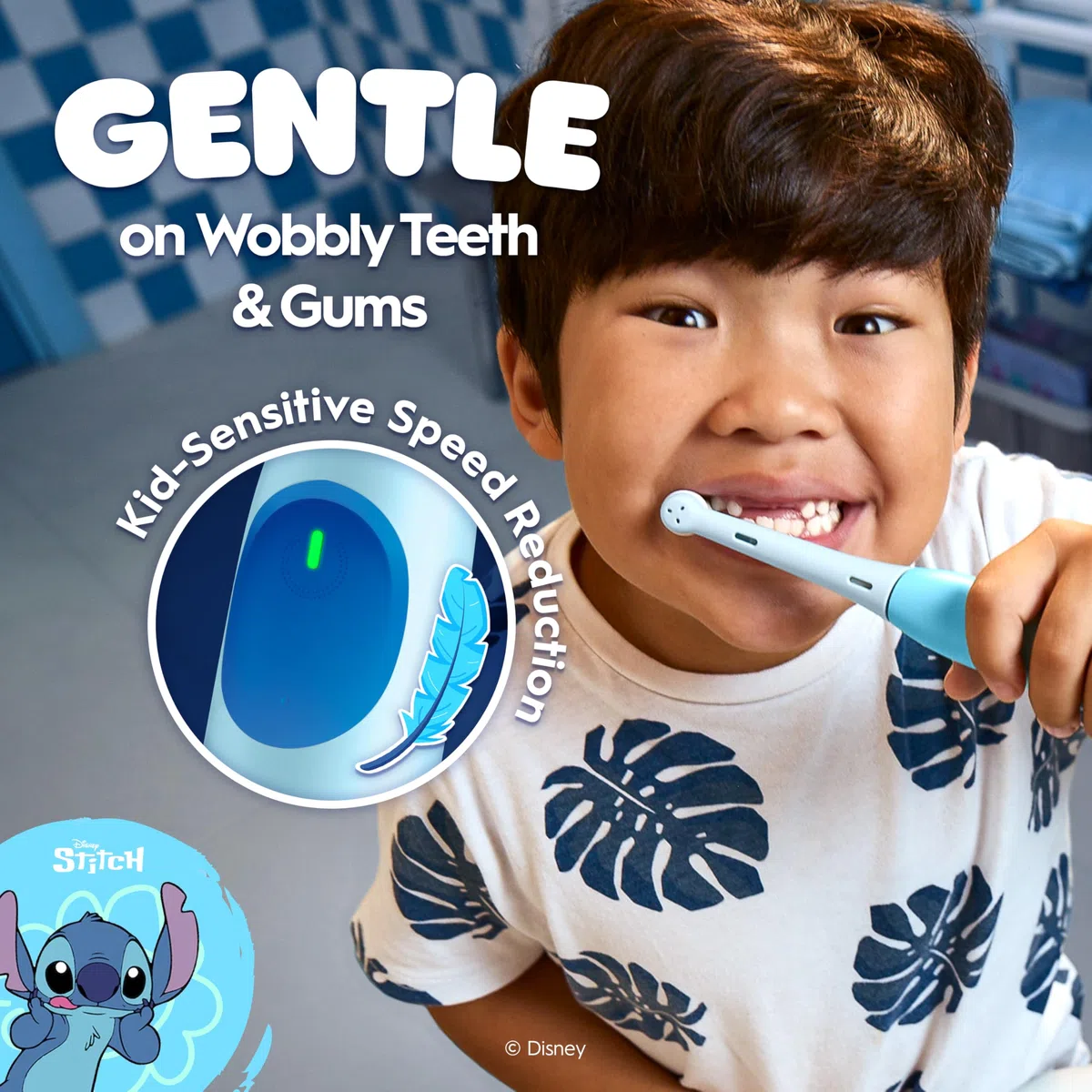 Oral-B iO Kids - Cepillo de dientes eléctrico recargable, Stitch con 1 cabezal de cepillo de cuidado suave, sensor de presión automático para proteger las encías, 3 modos de limpieza, temporizador de