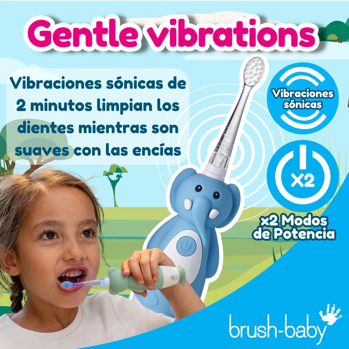 Brush-Baby WildOnes Cepillo de dientes eléctrico recargable para niños, elefante, 1 mango, 3 cabezales, cable de carga USB, para edades 0-10 (elefante)