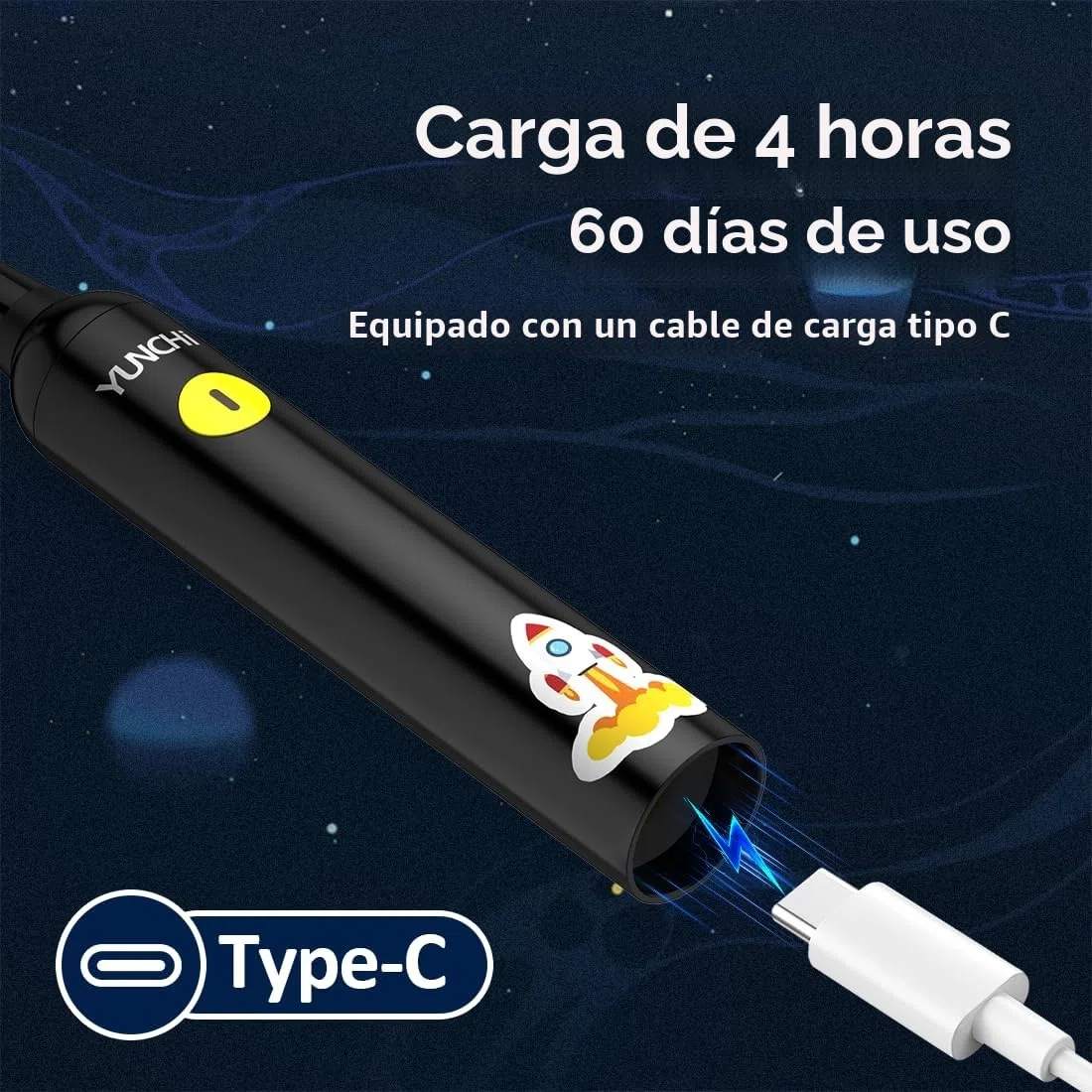 Cepillo Electrico Infantil para 3-5-6-12 años, Recargable Cepillo Electrico Niño Temporizador de 2 Min, 3 Modos, Cepillo Dientes Infantil con 4 Cabezal de Recambio y Divertidas Pegatinas DIY (Negro)