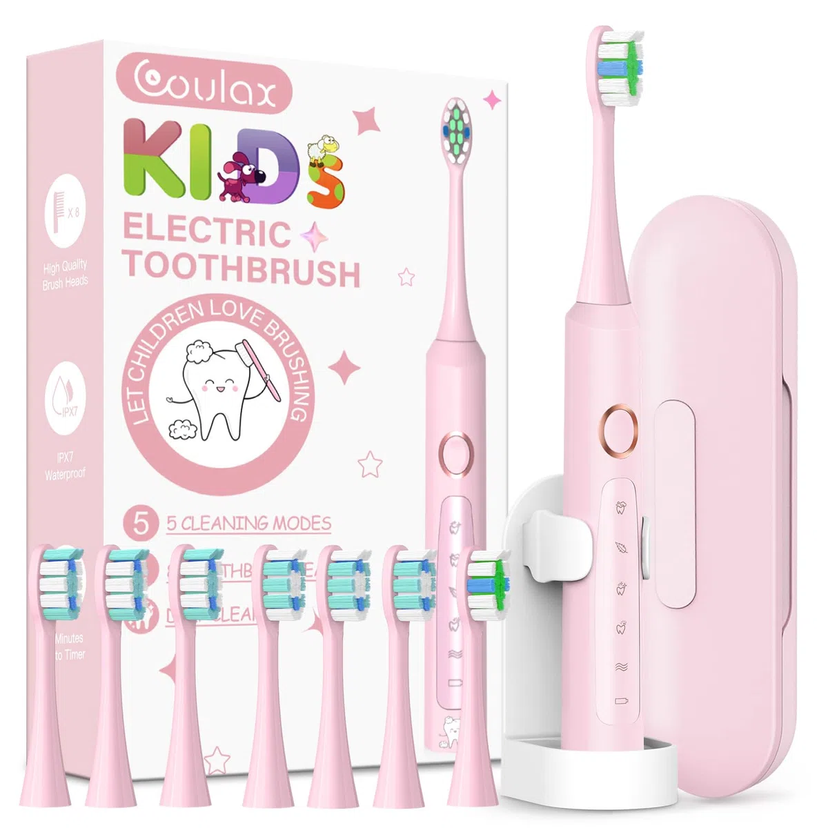Cepillos de Dientes Electricos Sónico Infantil con 8 Cabezal - Cepillo Electrico Adultos Infantil con 5 Modos, Estuche, IPX7, Cepillos de Dientes Eléctricos Ultrasónicos, Pétalo Rosa